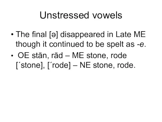 Unstressed vowels The final [ə] disappeared in Late ME though it continued