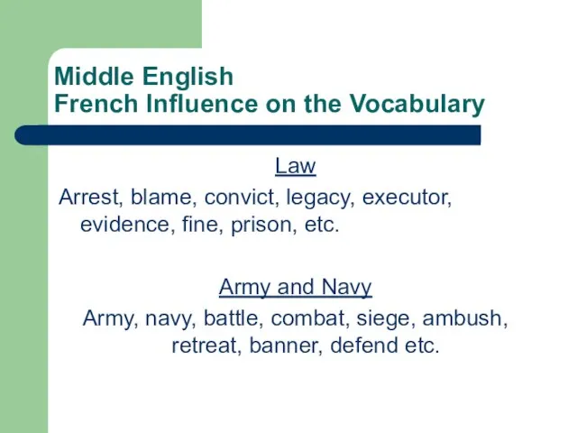 Middle English French Influence on the Vocabulary Law Arrest, blame, convict, legacy,