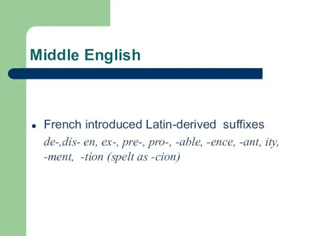Middle English French introduced Latin-derived suffixes de-,dis- en, ex-, pre-, pro-, -able,