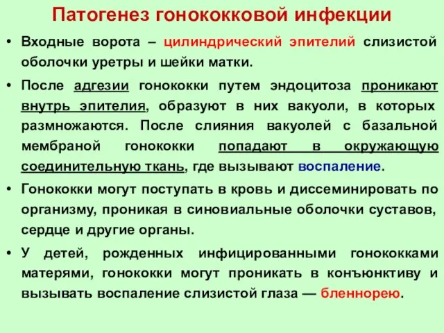 Патогенез гонококковой инфекции Входные ворота – цилиндрический эпителий слизистой оболочки уретры и