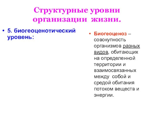 Структурные уровни организации жизни. 5. биогеоценотический уровень: Биогеоценоз – совокупность организмов разных