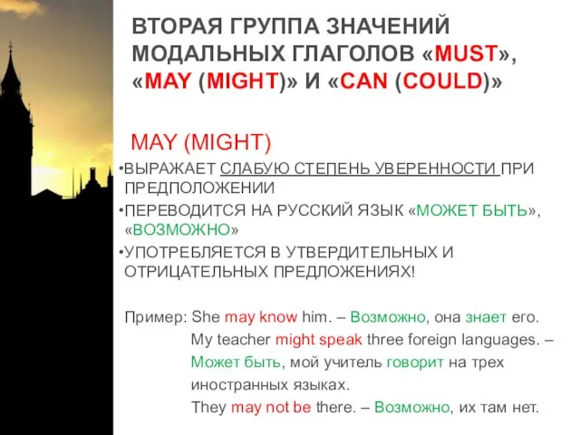 ВТОРАЯ ГРУППА ЗНАЧЕНИЙ МОДАЛЬНЫХ ГЛАГОЛОВ «MUST», «MAY (MIGHT)» И «CAN (COULD)» MAY