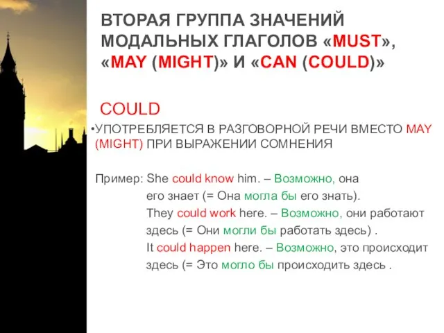 ВТОРАЯ ГРУППА ЗНАЧЕНИЙ МОДАЛЬНЫХ ГЛАГОЛОВ «MUST», «MAY (MIGHT)» И «CAN (COULD)» COULD