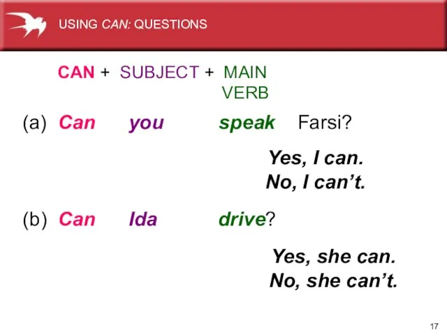 (a) Can you speak Farsi? CAN + SUBJECT + MAIN VERB Yes,