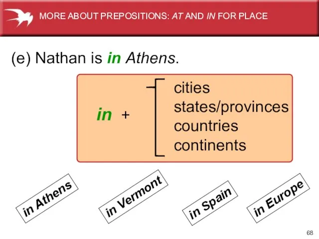 (e) Nathan is in Athens. in + cities states/provinces countries continents in
