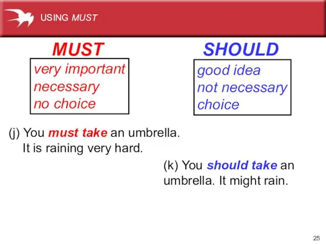 (j) You must take an umbrella. It is raining very hard. (k)