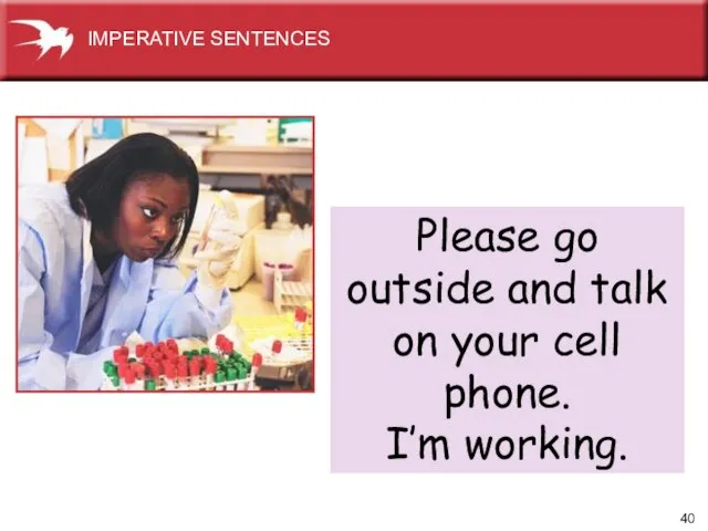 Please go outside and talk on your cell phone. I’m working. IMPERATIVE SENTENCES