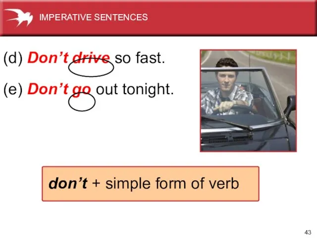 (d) Don’t drive so fast. (e) Don’t go out tonight. don’t +