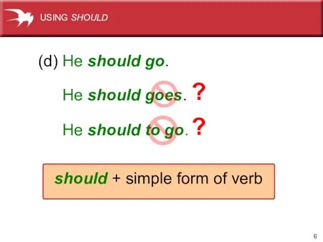 He should goes. (d) He should go. ? He should to go.