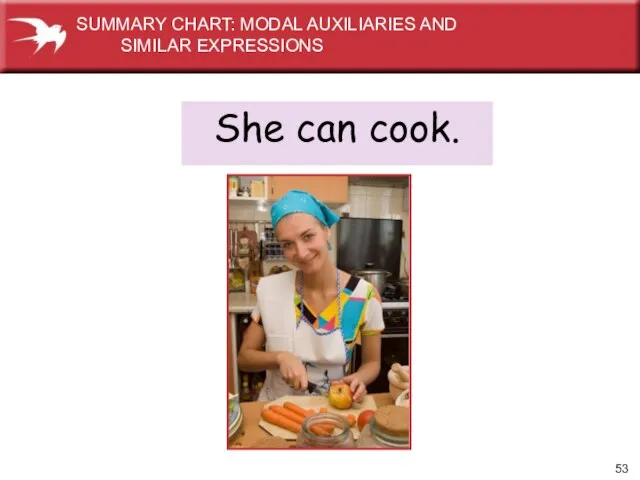 She can cook. SUMMARY CHART: MODAL AUXILIARIES AND SIMILAR EXPRESSIONS