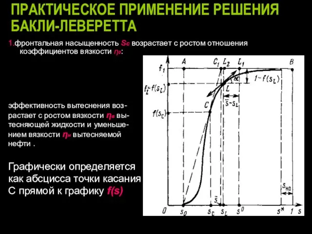 ПРАКТИЧЕСКОЕ ПРИМЕНЕНИЕ РЕШЕНИЯ БАКЛИ-ЛЕВЕРЕТТА 1.фронтальная насыщенность sс возрастает с ростом отношения коэффициентов