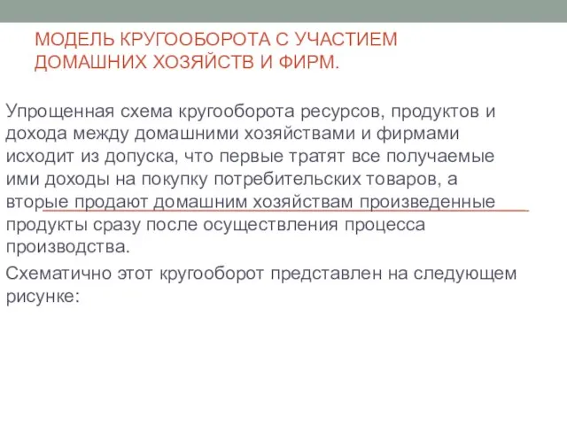 МОДЕЛЬ КРУГООБОРОТА С УЧАСТИЕМ ДОМАШНИХ ХОЗЯЙСТВ И ФИРМ. Упрощенная схема кругооборота ресурсов,