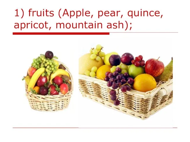 1) fruits (Apple, pear, quince, apricot, mountain ash);