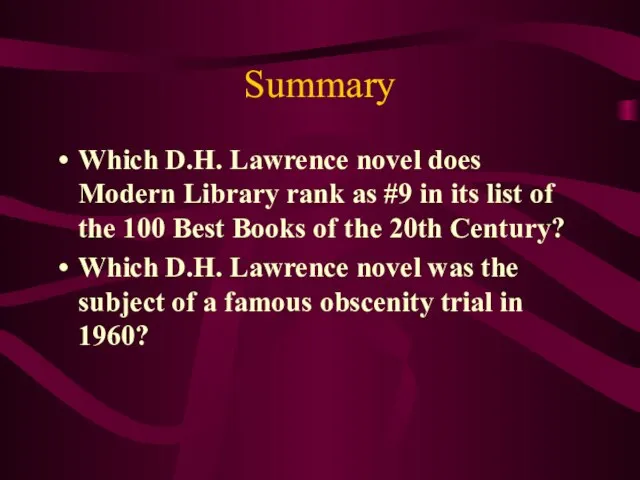 Summary Which D.H. Lawrence novel does Modern Library rank as #9 in