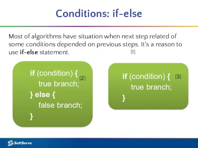 Conditions: if-else Most of algorithms have situation when next step related of
