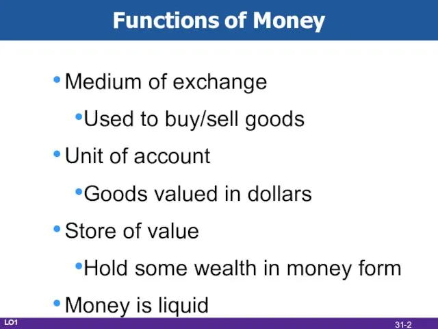 Functions of Money Medium of exchange Used to buy/sell goods Unit of
