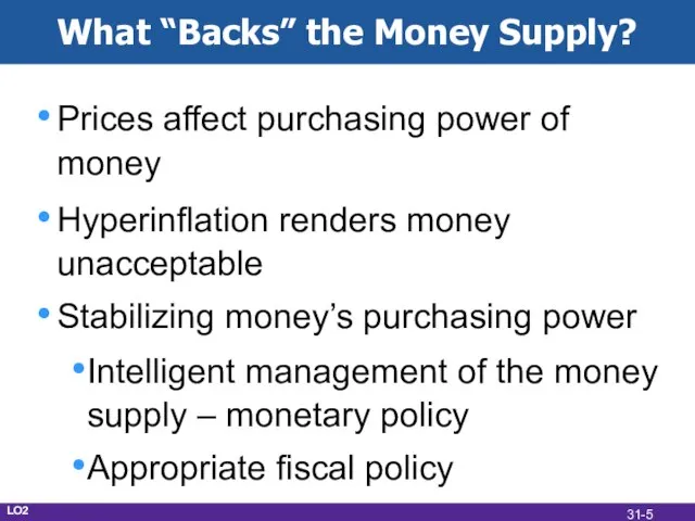 What “Backs” the Money Supply? Prices affect purchasing power of money Hyperinflation