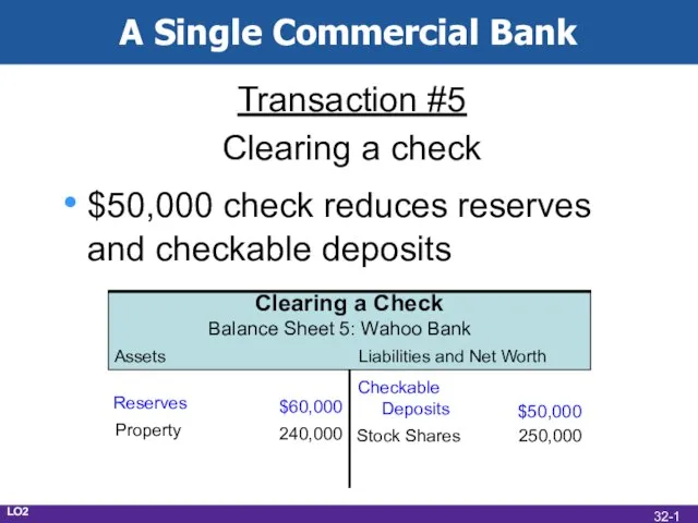 A Single Commercial Bank Transaction #5 Clearing a check $50,000 check reduces