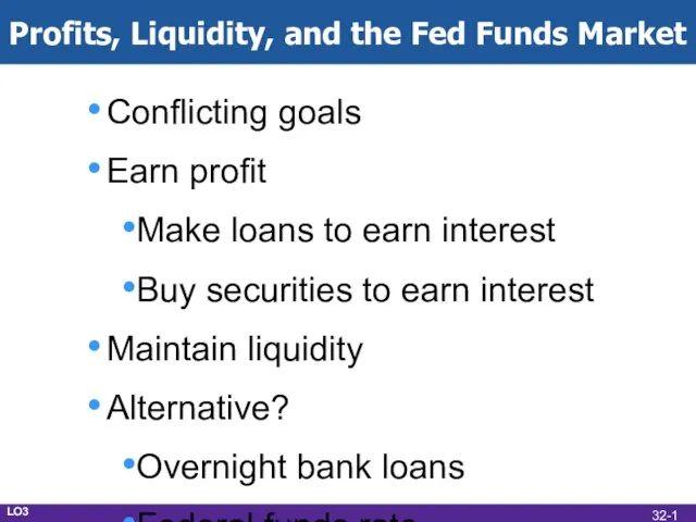 Profits, Liquidity, and the Fed Funds Market Conflicting goals Earn profit Make