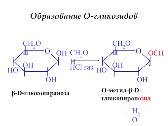 Образование O-гликозидов β-D-глюкопираноза CH3OH HCl газ + O-метил-β-D- глюкопиранозид H2O