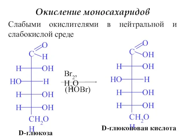 Окисление моносахаридов Слабыми окислителями в нейтральной и слабокислой среде D-глюкоза Br2, H2O (HOBr)‏ D-глюконовая кислота