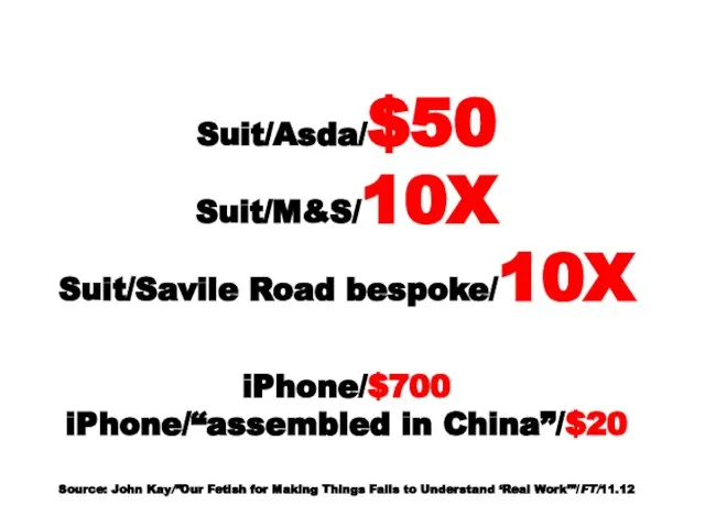 Suit/Asda/$50 Suit/M&S/10X Suit/Savile Road bespoke/10X iPhone/$700 iPhone/“assembled in China”/$20 Source: John Kay/”Our