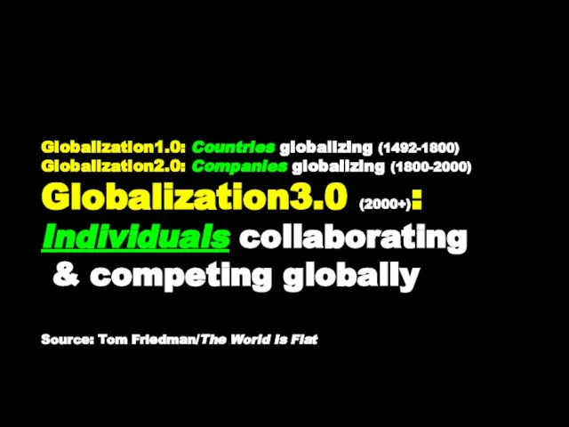 Globalization1.0: Countries globalizing (1492-1800) Globalization2.0: Companies globalizing (1800-2000) Globalization3.0 (2000+): Individuals collaborating