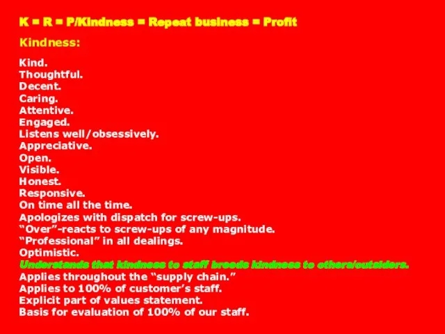 K = R = P/Kindness = Repeat business = Profit Kindness: Kind.