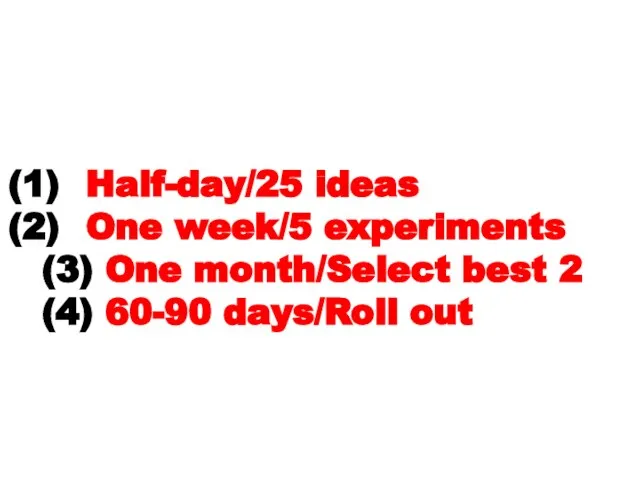 Half-day/25 ideas One week/5 experiments (3) One month/Select best 2 (4) 60-90 days/Roll out