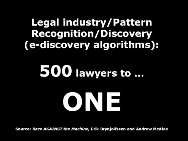 Legal industry/Pattern Recognition/Discovery (e-discovery algorithms): 500 lawyers to … ONE Source: Race