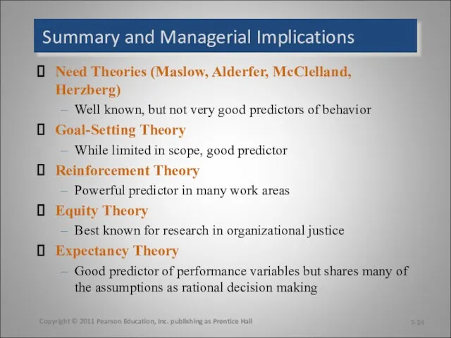 Summary and Managerial Implications Need Theories (Maslow, Alderfer, McClelland, Herzberg) Well known,