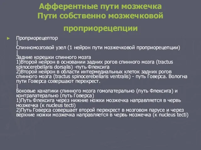 Афферентные пути мозжечка Пути собственно мозжечковой проприорецепции Проприорецептор | Спинномозговой узел (1