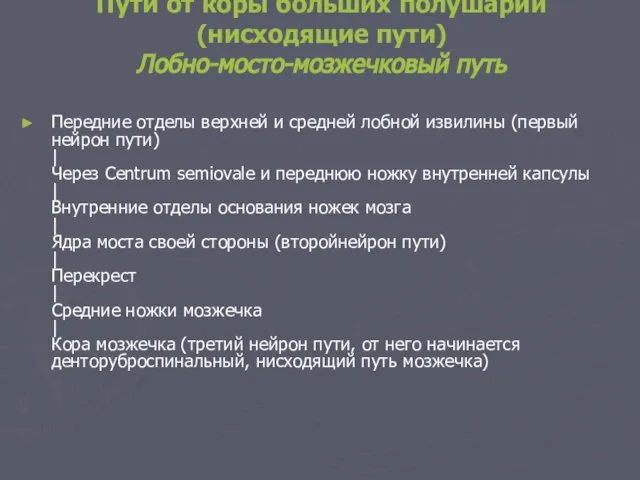 Пути от коры больших полушарий (нисходящие пути) Лобно-мосто-мозжечковый путь Передние отделы верхней