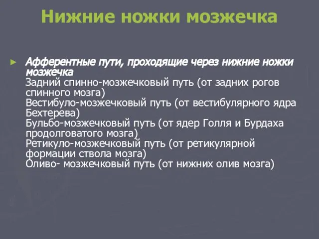 Нижние ножки мозжечка Афферентные пути, проходящие через нижние ножки мозжечка Задний спинно-мозжечковый