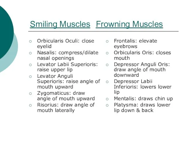 Smiling Muscles Frowning Muscles Orbicularis Oculi: close eyelid Nasalis: compress/dilate nasal openings