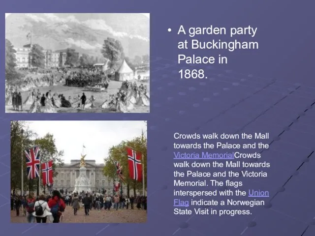 A garden party at Buckingham Palace in 1868. Crowds walk down the