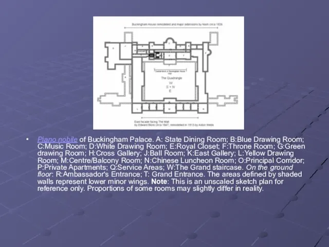 Piano nobile of Buckingham Palace. A: State Dining Room; B:Blue Drawing Room;