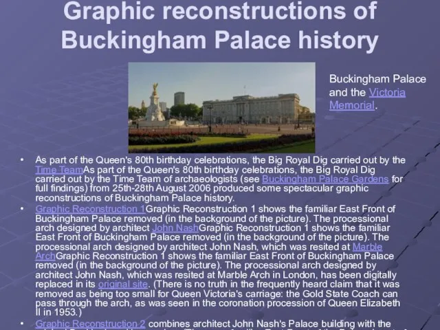 Graphic reconstructions of Buckingham Palace history As part of the Queen's 80th