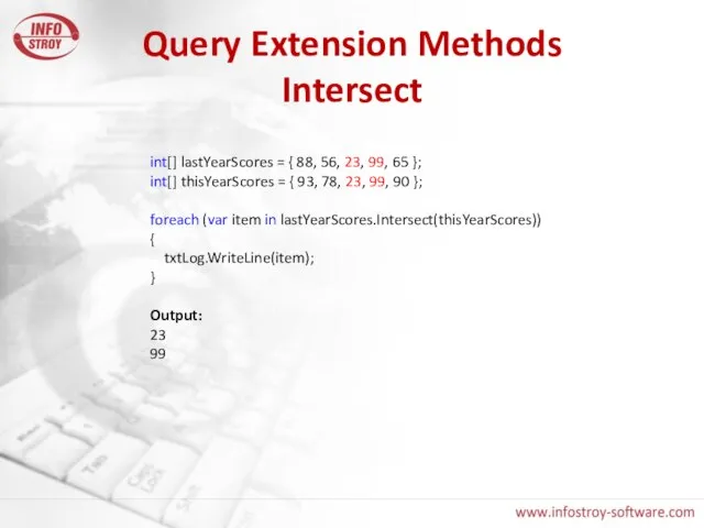 Query Extension Methods Intersect int[] lastYearScores = { 88, 56, 23, 99,