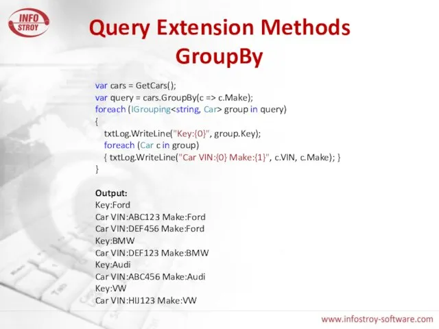 Query Extension Methods GroupBy var cars = GetCars(); var query = cars.GroupBy(c