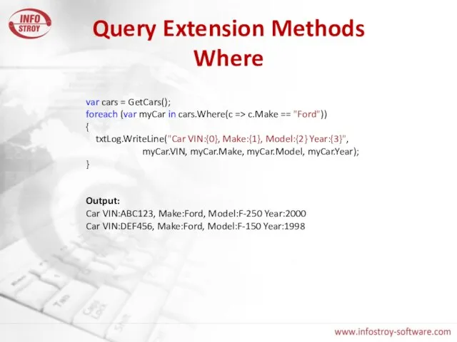 Query Extension Methods Where var cars = GetCars(); foreach (var myCar in