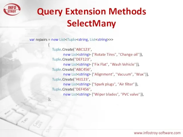 Query Extension Methods SelectMany var repairs = new List >> { Tuple.Create("ABC123",