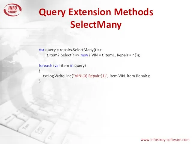 Query Extension Methods SelectMany var query = repairs.SelectMany(t => t.Item2.Select(r => new