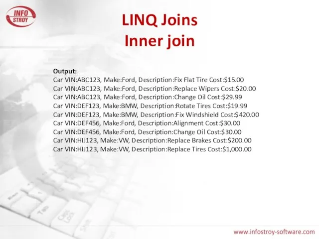 LINQ Joins Inner join Output: Car VIN:ABC123, Make:Ford, Description:Fix Flat Tire Cost:$15.00