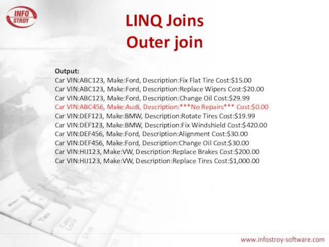 LINQ Joins Outer join Output: Car VIN:ABC123, Make:Ford, Description:Fix Flat Tire Cost:$15.00