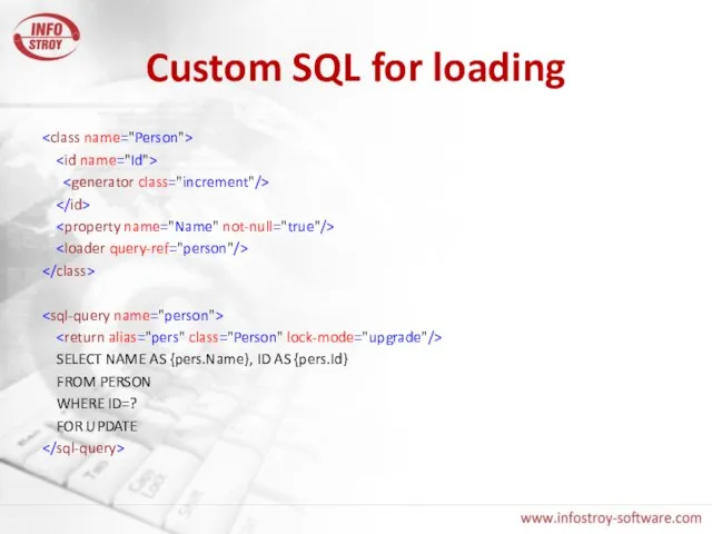Custom SQL for loading SELECT NAME AS {pers.Name}, ID AS {pers.Id} FROM
