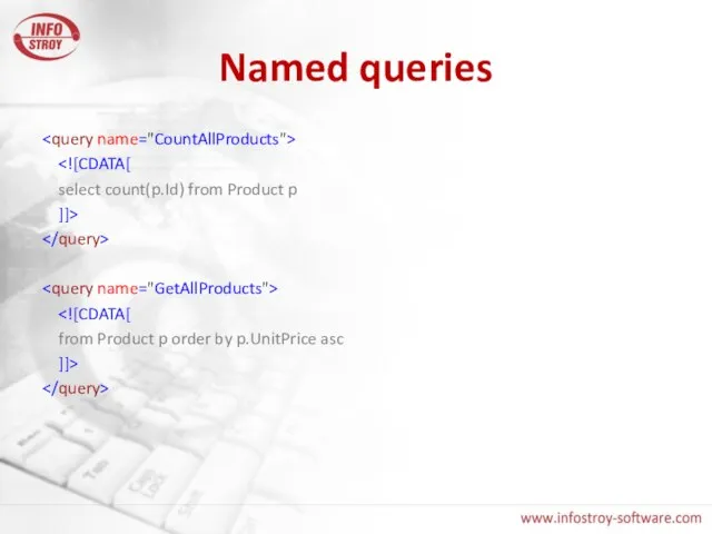 Named queries select count(p.Id) from Product p ]]> from Product p order by p.UnitPrice asc ]]>