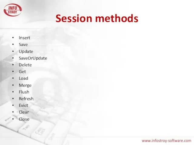 Session methods Insert Save Update SaveOrUpdate Delete Get Load Merge Flush Refresh Evict Clear Close