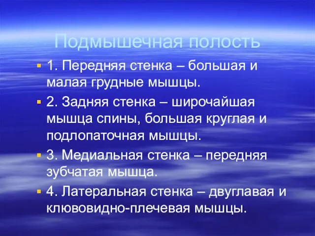 Подмышечная полость 1. Передняя стенка – большая и малая грудные мышцы. 2.