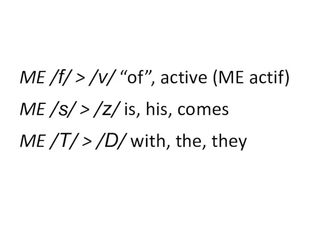 ME /f/ > /v/ “of”, active (ME actif) ME /s/ > /z/